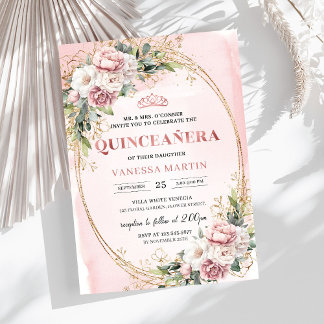 Graceful Rose Gold Floral Greenery Quinceanera Einladung
