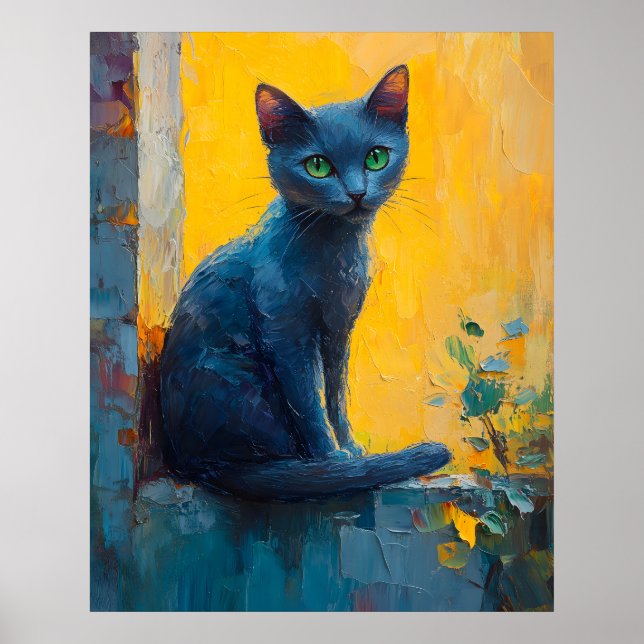 Graceful Russian Blue Cat – Sunset Balcony Moment Poster (Vorne)