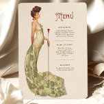 Gracful Art Nouveau Wedding Menu Card Einladung<br><div class="desc">Fügen Sie Ihrem Hochzeitsempfang eine Touch Eleganz mit dieser im Jugendstil inspiriert Menükarte hinzu. Die Vorderseite ist mit einer anmutigen Figur in einem fließenden Elfenbeingewölbe, das mit aufwändigen grünen Blumenmustern geschmückt ist und eine Single-rote Rose trägt, ausgestattet. Die Vintage Typografie und der gedämpfte beige Hintergrund verstärken das romantische und raffinierte...</div>