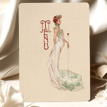 Gracful Art Nouveau Wedding Menu Card Einladung<br><div class="desc">Fügen Sie Ihrem Hochzeitsempfang eine Touch Eleganz mit dieser im Jugendstil inspiriert Menükarte hinzu. Die Vorderseite ist mit einer anmutigen Figur in einem fließenden Elfenbeingewölbe, das mit aufwändigen grünen Blumenmustern geschmückt ist und eine Single-rote Rose trägt, ausgestattet. Die Vintage Typografie und der gedämpfte beige Hintergrund verstärken das romantische und raffinierte...</div>