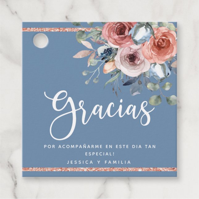 Gracias, Dusty Blue und Blush Pink Floral Geschenkanhänger (Vorderseite)