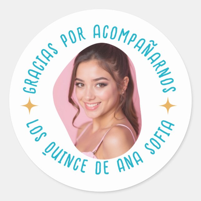 Gracias por acompañarnos 15 quinceañera con foto runder aufkleber (Vorderseite)