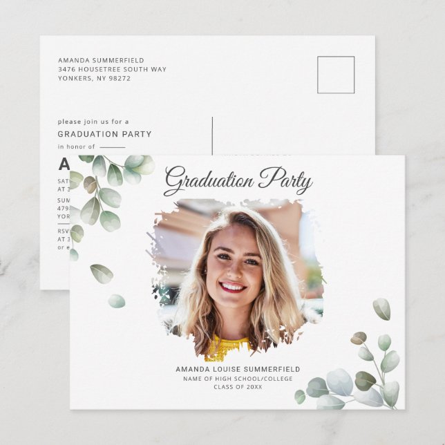 Grad 2022 Eukalyptus Succulent Greenery Abschluss Einladungspostkarte (Vorne/Hinten)