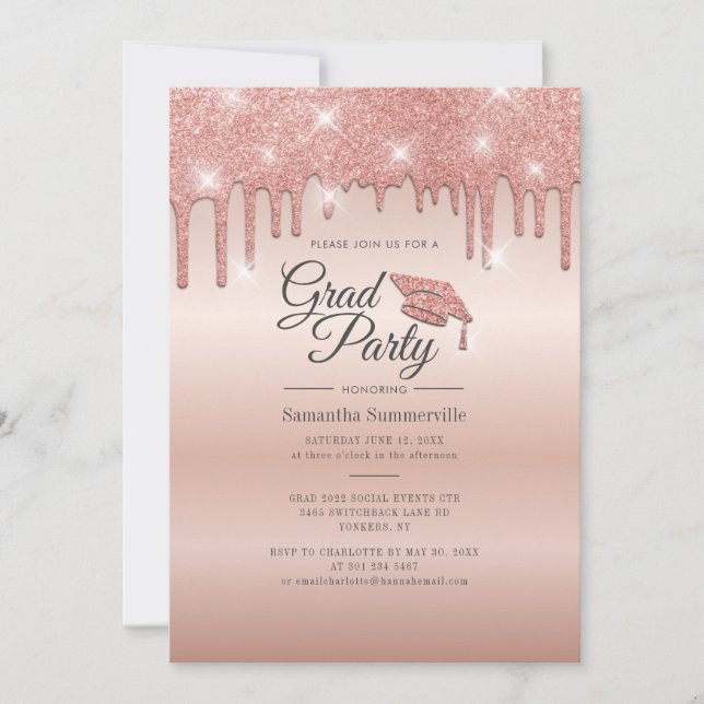 Grad 2022 Rose Gold Glitzer Graduation Party Einladung (Vorderseite)