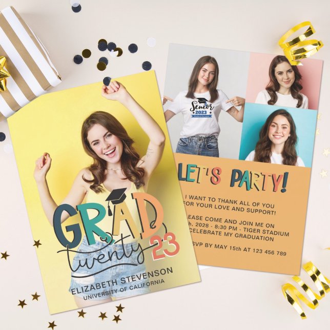Grad 2023 Retro farbenfrohe Graduierungsparty 4 Fo Einladung (Von Creator hochgeladen)