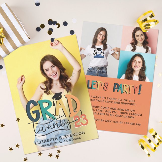 Grad 2023 Retro farbenfrohe Graduierungsparty 4 Fo Einladung (Von Creator hochgeladen)