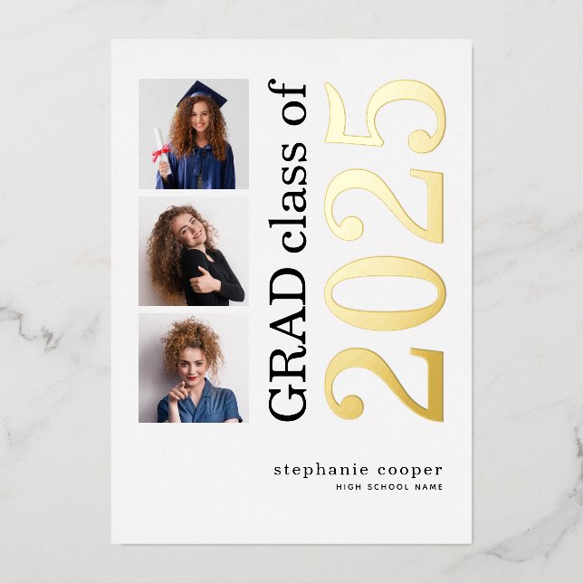 Grad 2025 3 Photos Real Gold Foil Faire-part (Recto)