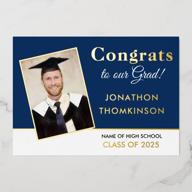 Grad 2025 Ankündigung Gold Foil Foto Navy White (Vorderseite)