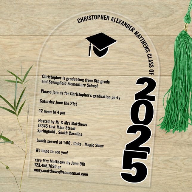 Grad 2025 Arch Typografy any Age Graduation Party Acryleinladungen (Bold design with just a sprinkle of whimsy gives these acrylic graduation invitations a fresh feel)