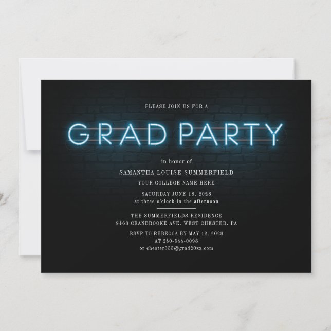 Grad 2025 Blue Neon Abschluss Foto Party Einladung (Vorderseite)
