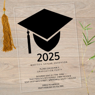 Grad 2025 Moderne formale Black Cap Graduation Par Acryleinladungen