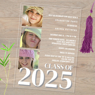 Grad 2025 Moderner Weißer Text 3 Foto Abschluss Acryleinladungen