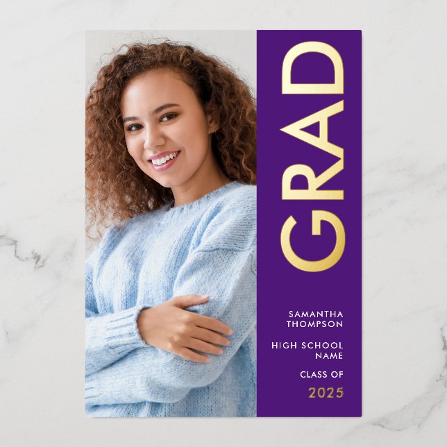 Grad 2025 Photo Purple Gold Real Foil Faire-part (Recto)