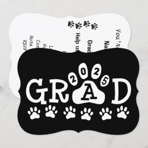 grad 2025 Schwarz-weiße Paw Prints Abschluss Einladung