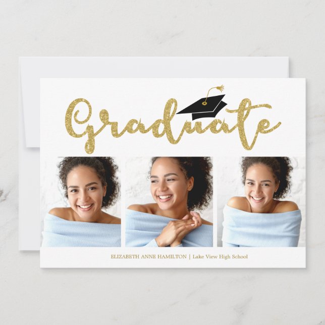 Grad 3 Foto Gold Glitzer Kalligrafie Ankündigung (Vorderseite)
