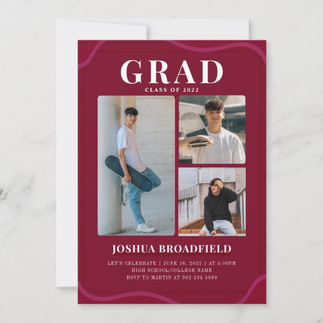 Grad 3 Foto Moderne Burgunder Graduierungspartei Einladung (Vorderseite)