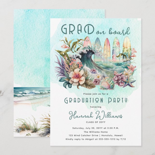 GRAD an Bord der Tropical Surfing Graduation Party Einladung (Vorne/Hinten)