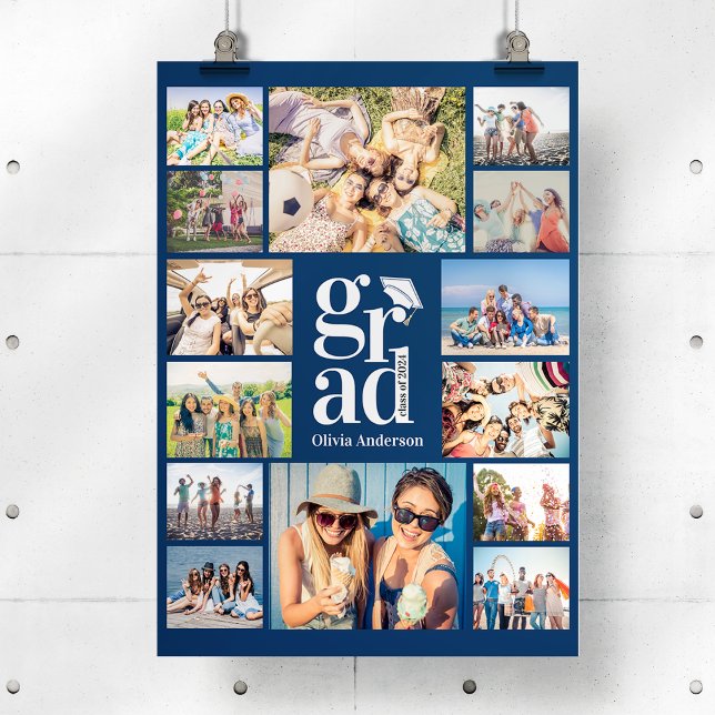 Grad Blue Multiple Photo Collage Memories Poster (Von Creator hochgeladen)
