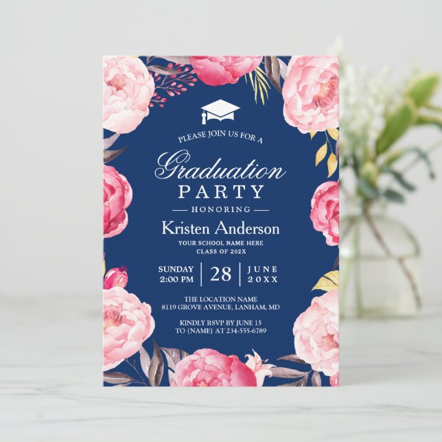 Grad Blumenauge Navy Blue Graduation Party Einladung (Stehend Vorderseite)