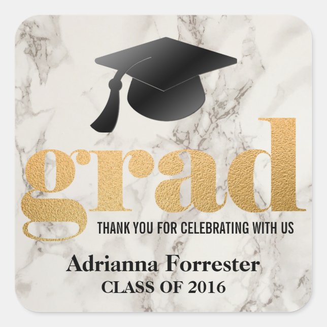 Grad Bold Typografy Imitate Gold Foil Marmormuster Quadratischer Aufkleber (Vorderseite)