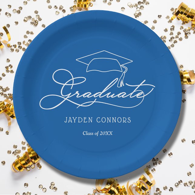Grad Cap Blue Abschluss Pappteller (White script grad cap on blue personalized graduation party paper plates, napkins in our store)
