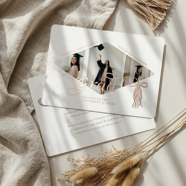 Grad Cap Bow & Tassel Ankündigung von Fotokollagen (Grad Cap Bow & Tassel Photo Collage Announcement (Front & Back))