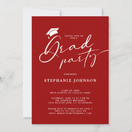 Grad Cap Calligraphy Crimson Red Graduation Party Einladung