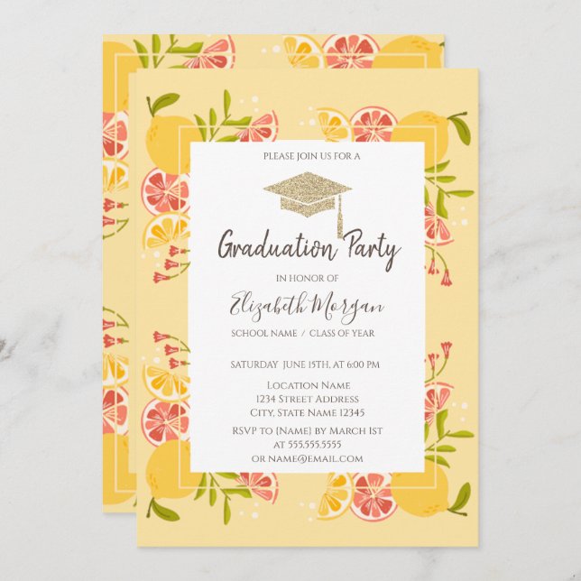 Grad Cap, Citrus Abschluss Einladung (Vorne/Hinten)