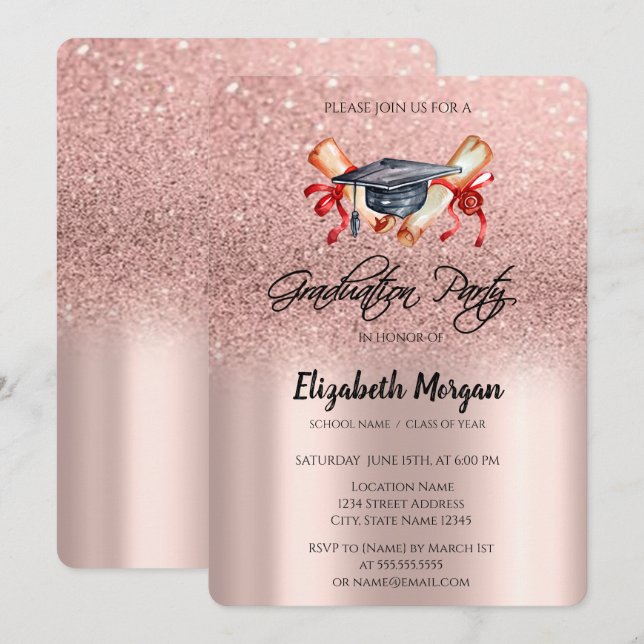Grad Cap Diploma Rose Gold Glitzer Abschluss Einladung (Vorne/Hinten)