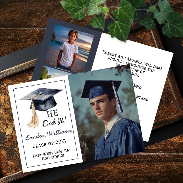 Grad Cap er tat es 3 Foto Abschluss Ankündigung (Grad Cap "HE Did It!" Graduate 3 Photo Collage High School or College Graduation Announcement)