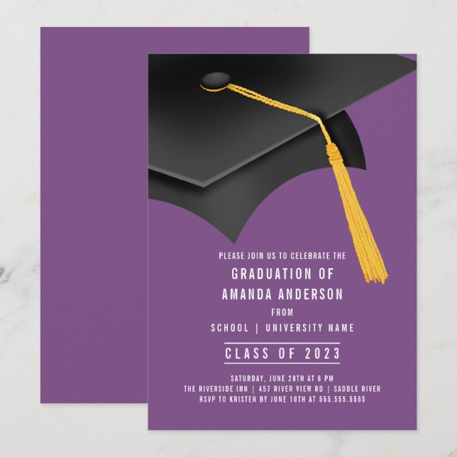 Grad Cap Lila Graduation Party Einladung (Vorne/Hinten)