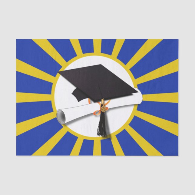 Grad Cap mit Blau und Gold Seidenpapier (Vorderseite)