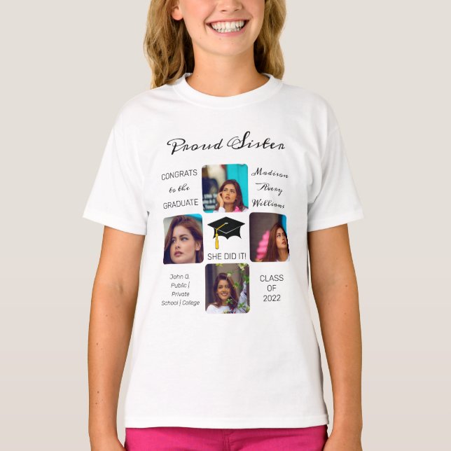 Grad Cap Multiple Foto Grad Keepake Proud Sister T-Shirt (Vorderseite)