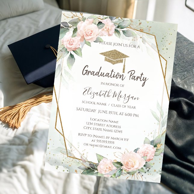 Grad Cap Rosa Roses Frame Abschluss Einladung (Von Creator hochgeladen)