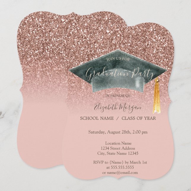 Grad Cap Rose Gold Glitzer Ombre Abschluss Einladung (Vorne/Hinten)