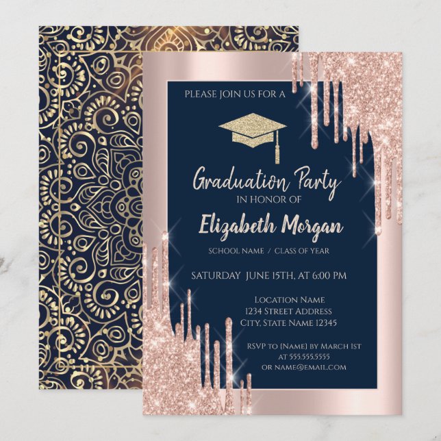 Grad Cap, Rose Gold Tropfen, Navy Blue Gold Mandal Einladung (Vorne/Hinten)