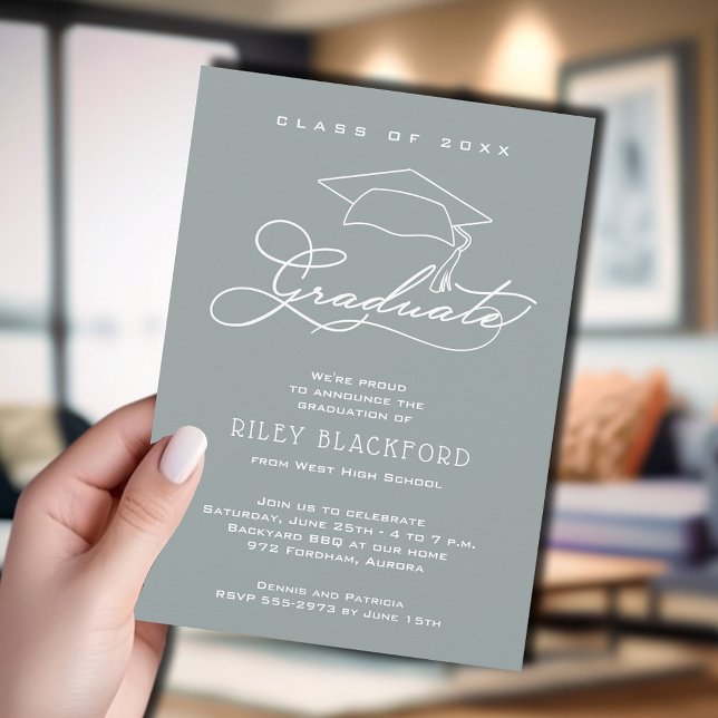 Grad Cap Silver Grau Abschluss Ankündigung (Silver gray graduation announcement cards feature your details in chic white lettering.)