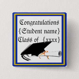 Grad Cap Tilt mit Schulfarben Blau und Gold Button