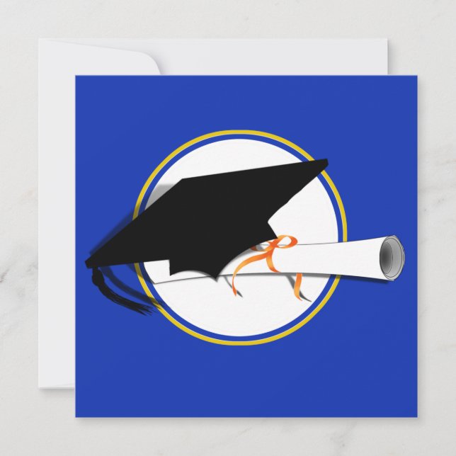 Grad Cap Tilt mit Schulfarben Blau und Gold Einladung (Vorderseite)