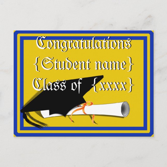 Grad Cap Tilt mit Schulfarben Blau und Gold Postkarte (Vorderseite)