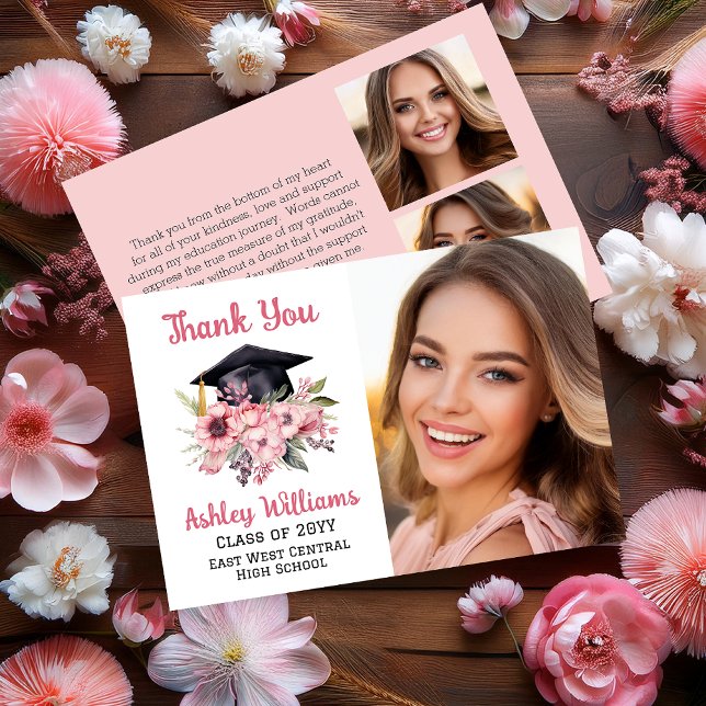 Grad Cap und Pink Florals 3 Foto Abschluss Dankeskarte (Grad Cap and Pink Floral Swag Bouquet "Thank You" Flat Card -- "SHE Did It!" Graduation Collection)