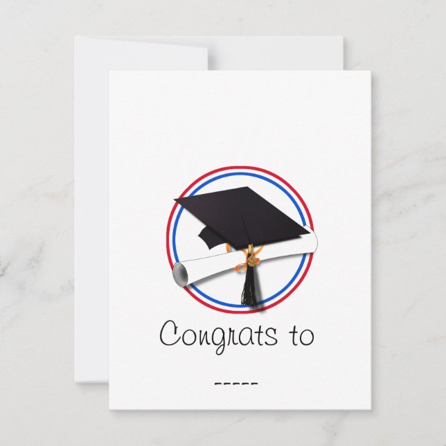 Grad Cap w/Diploma - Rote und blaue Schulfarben Einladung (Vorderseite)