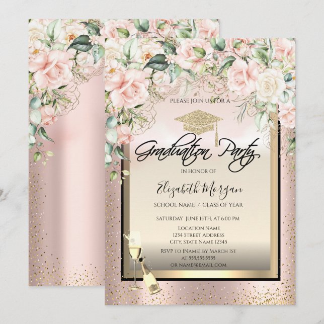 Grad Cap, Weinglas, Confetti-Rose Abschluss Einladung (Vorne/Hinten)