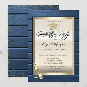Grad Cap, Weinglas, Navy Blue Wood Abschluss Einladung