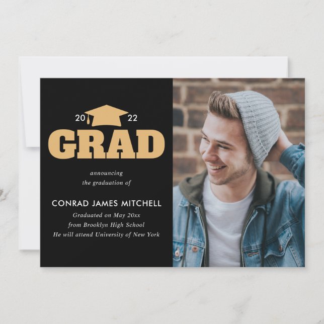 GRAD Cap Year Graduate Black Gold Foto Abschluss Ankündigung (Vorderseite)