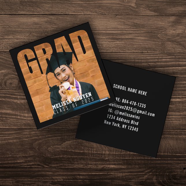 Grad Foto Abschluss Schwarzer Kontaktname Name Quadratische Visitenkarte (Grad Photo Graduation Contact Info Name Square Business Card
)