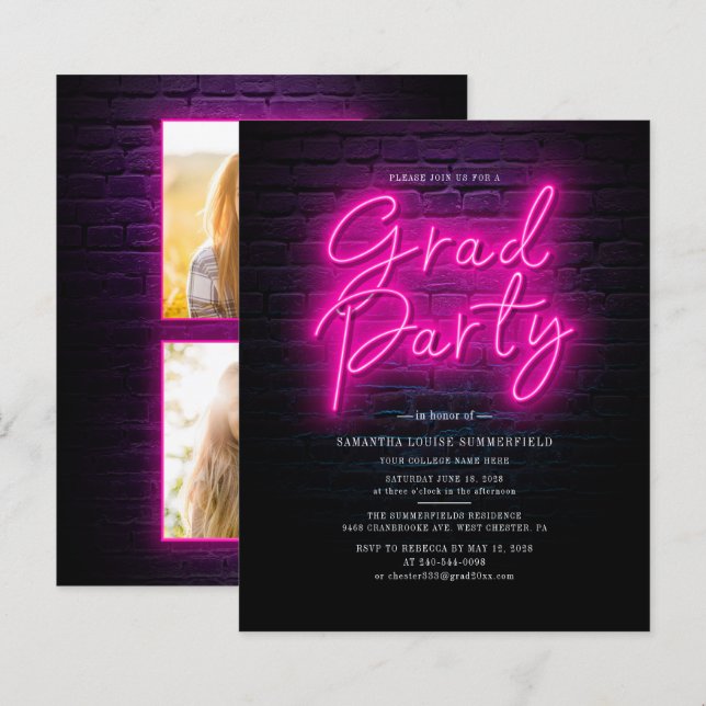 Grad Foto Neon Graduation Party Einladung (Vorne/Hinten)
