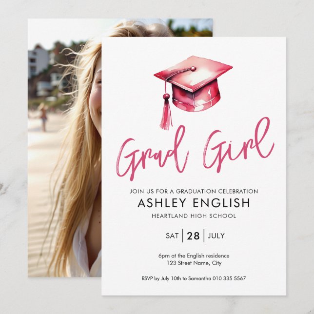 Grad Girl Pink Abschluss Einladung (Vorne/Hinten)