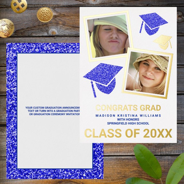 Grad Glam Navy Cap Foto Collage Graduate Folieneinladung (Von Creator hochgeladen)