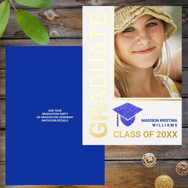 Grad Glam Navy Cap Stilvolles Graduate Foto Folieneinladung (Von Creator hochgeladen)